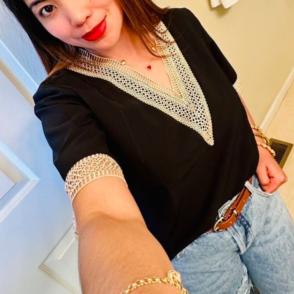 03 Bohemian V neck Lace Solid Minimalist Blouse - Picture 2 of 6